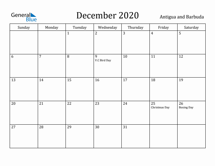 December 2020 Calendar Antigua and Barbuda