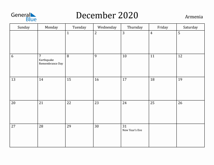December 2020 Calendar Armenia