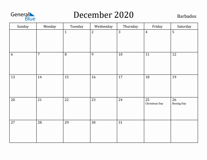 December 2020 Calendar Barbados