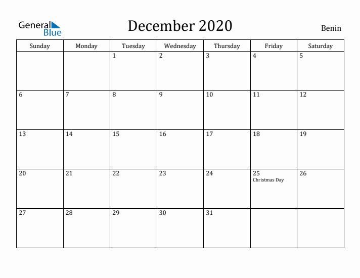 December 2020 Calendar Benin
