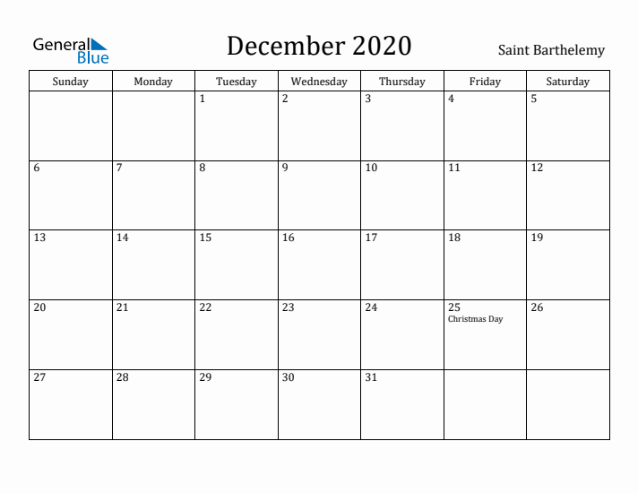 December 2020 Calendar Saint Barthelemy
