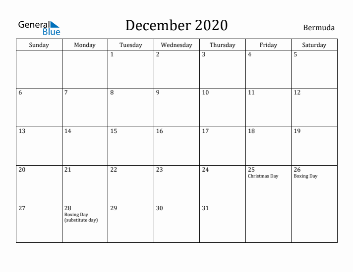 December 2020 Calendar Bermuda
