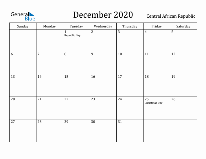 December 2020 Calendar Central African Republic