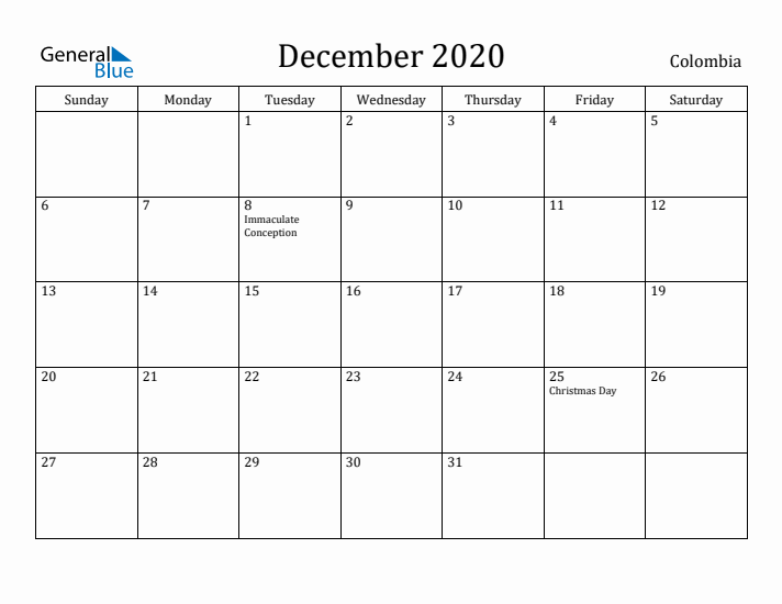 December 2020 Calendar Colombia