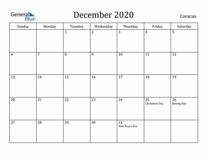 December 2020 Calendar Curacao