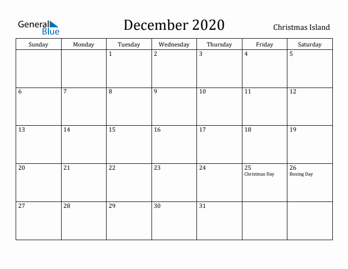 December 2020 Calendar Christmas Island