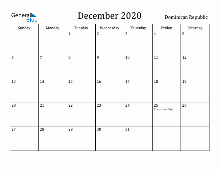December 2020 Calendar Dominican Republic