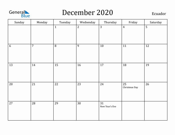 December 2020 Calendar Ecuador