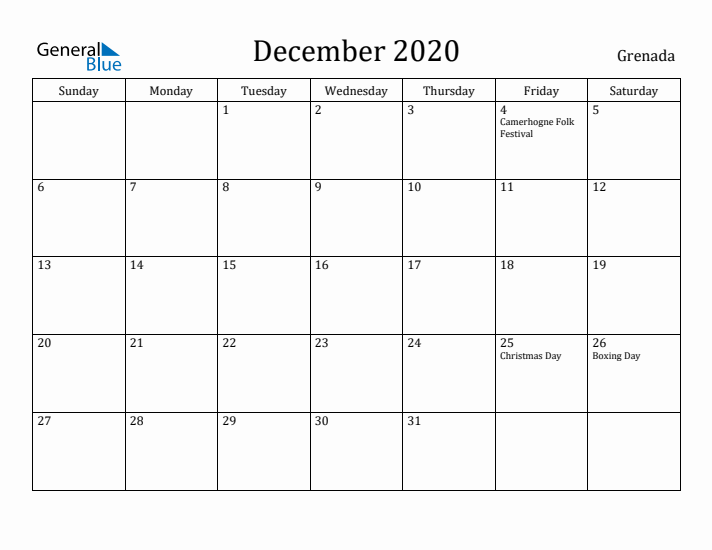 December 2020 Calendar Grenada