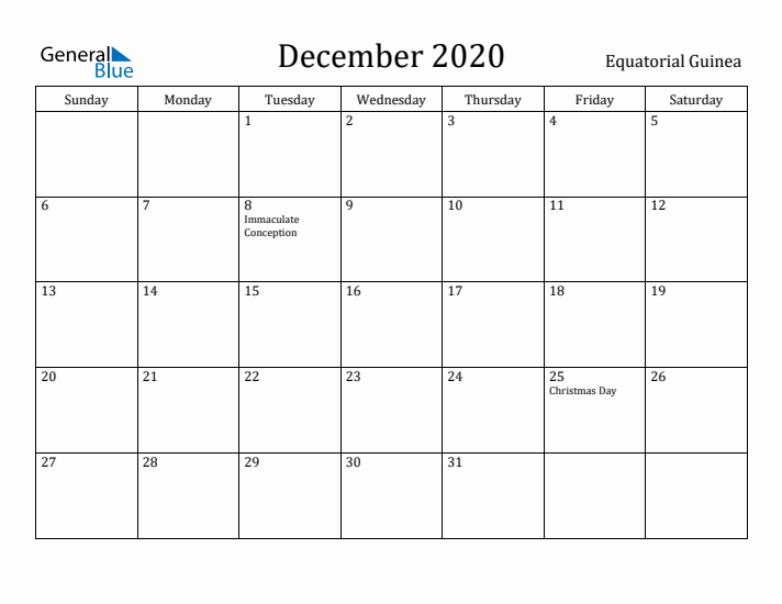 December 2020 Calendar Equatorial Guinea