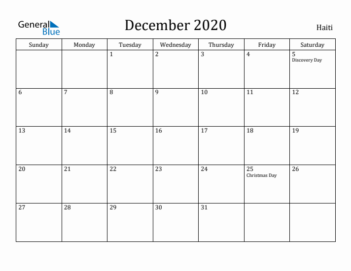 December 2020 Calendar Haiti
