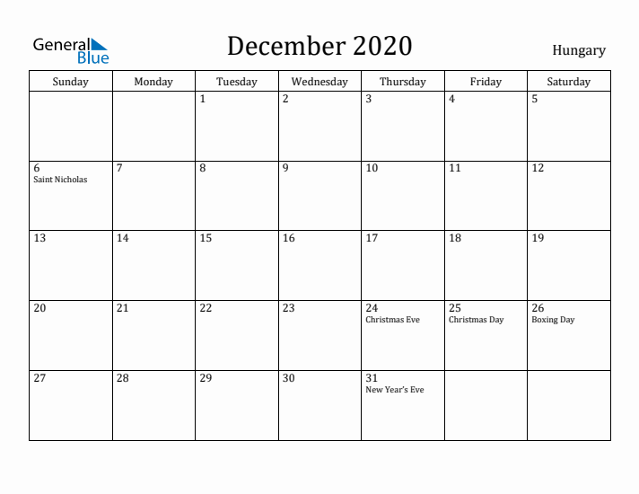 December 2020 Calendar Hungary