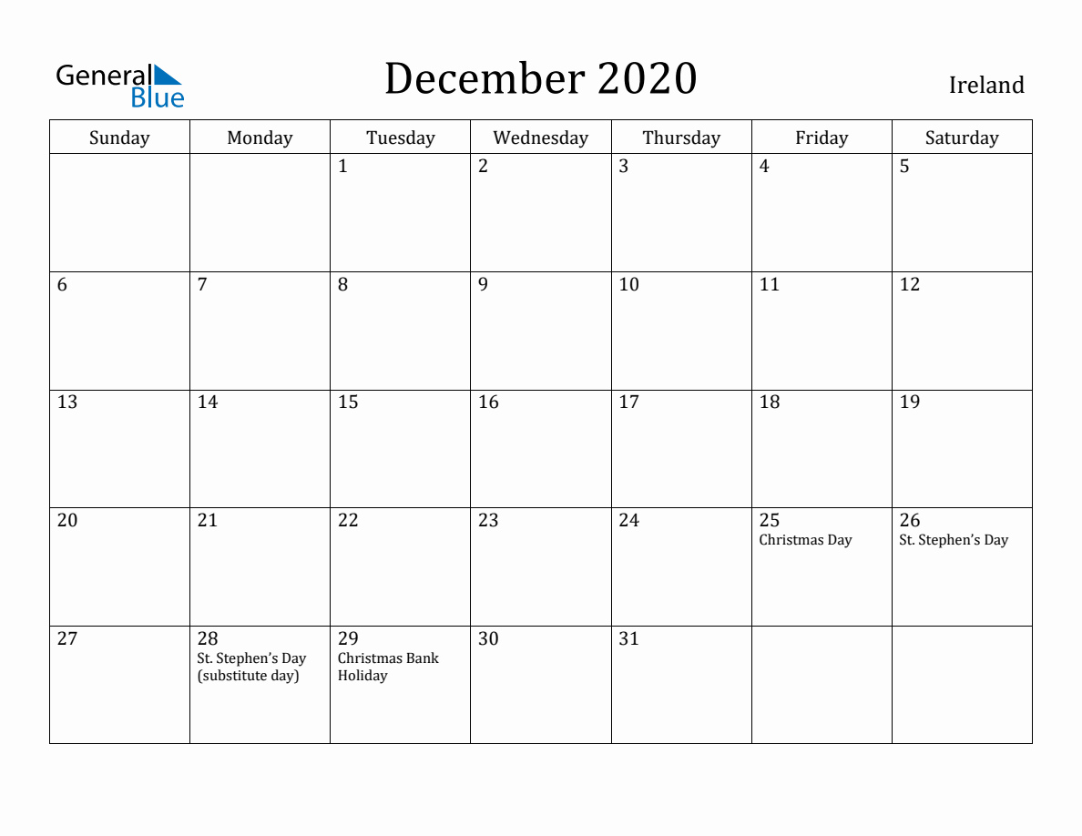 December 2020 Monthly Calendar With Ireland Holidays