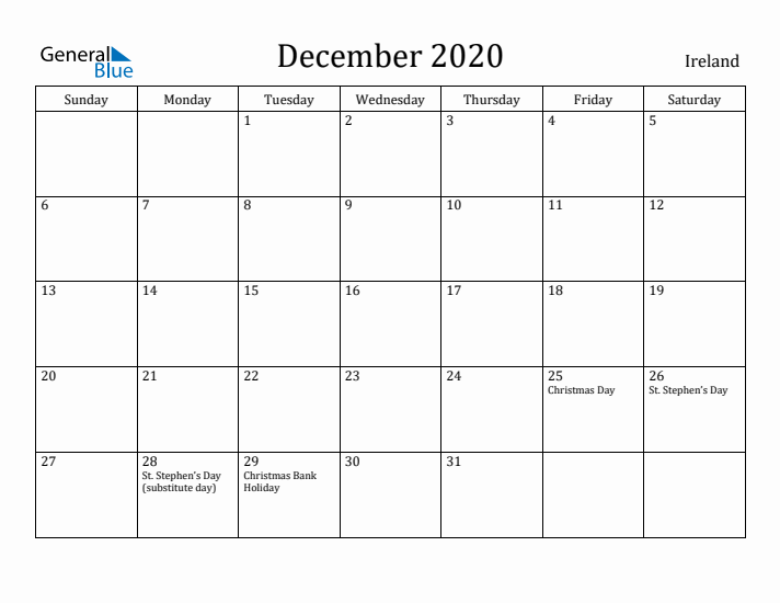 December 2020 Calendar Ireland
