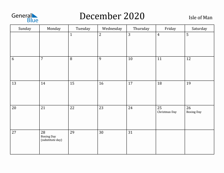December 2020 Calendar Isle of Man