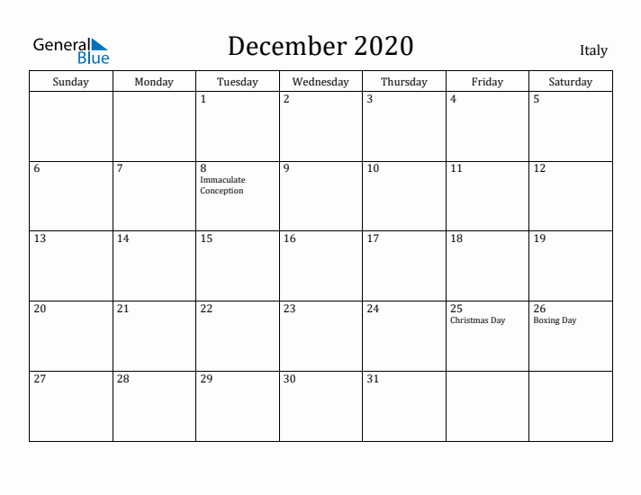 December 2020 Calendar Italy