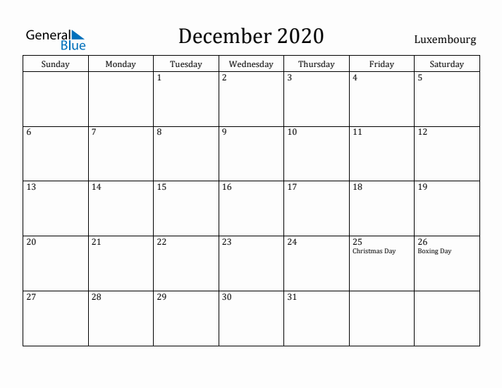 December 2020 Calendar Luxembourg