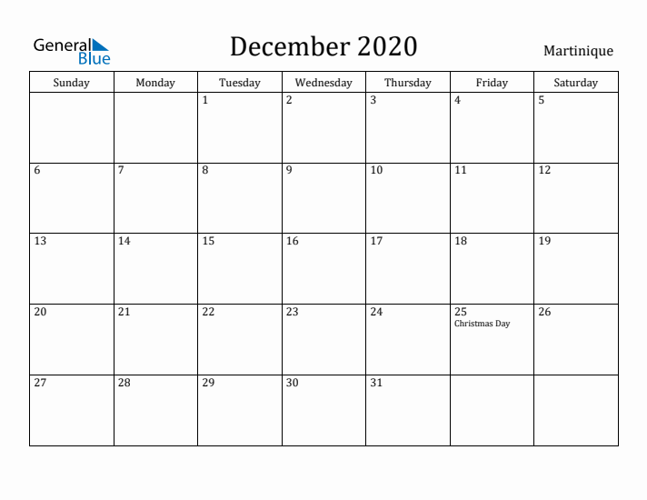 December 2020 Calendar Martinique