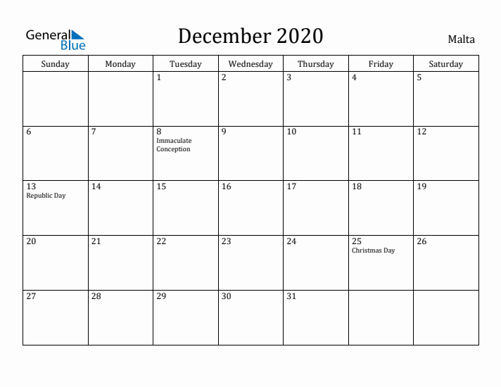 December 2020 Calendar Malta