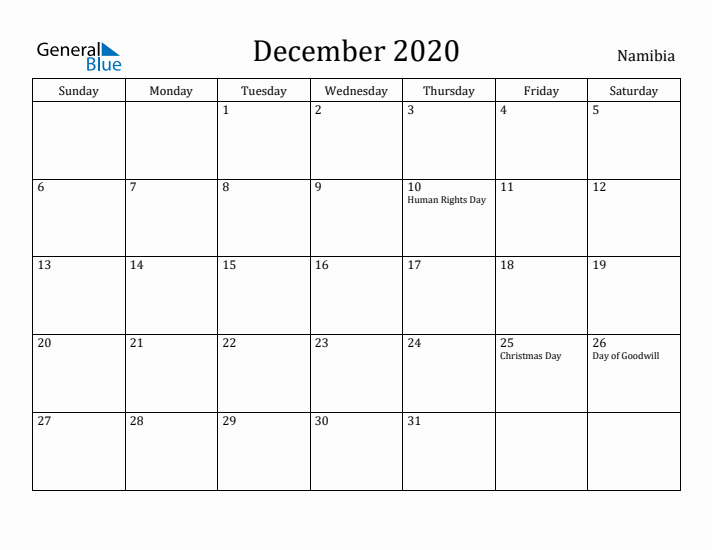 December 2020 Calendar Namibia