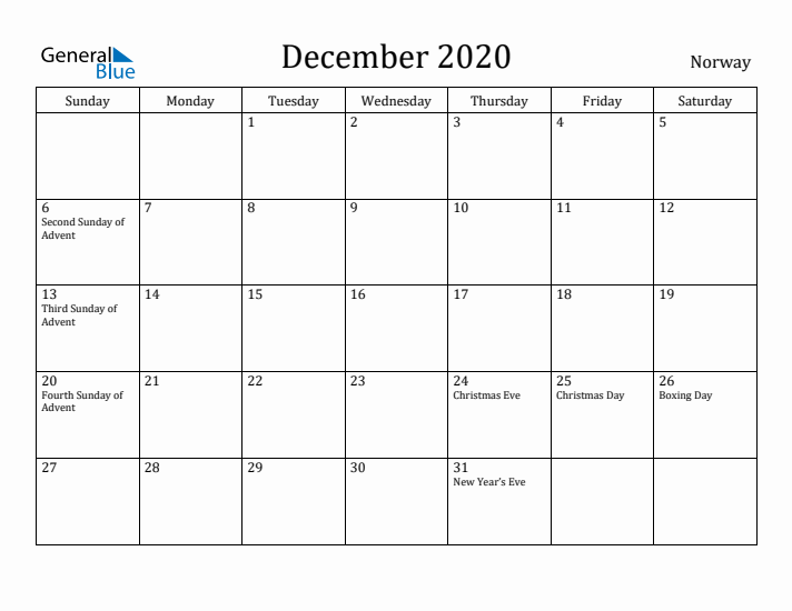 December 2020 Calendar Norway