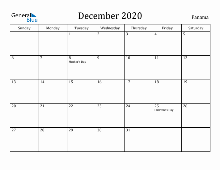 December 2020 Calendar Panama