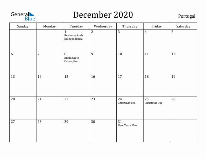 December 2020 Calendar Portugal