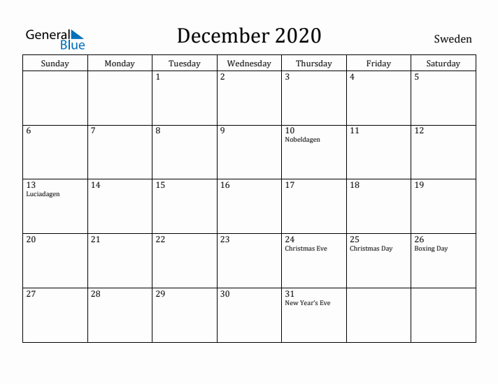 December 2020 Calendar Sweden