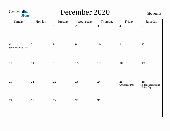 December 2020 Calendar Slovenia