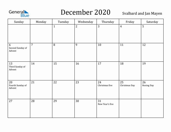 December 2020 Calendar Svalbard and Jan Mayen