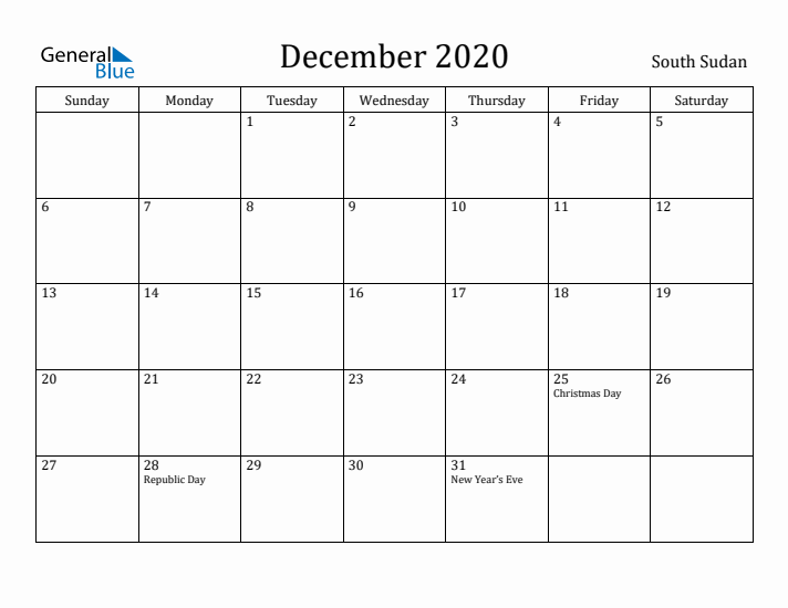 December 2020 Calendar South Sudan