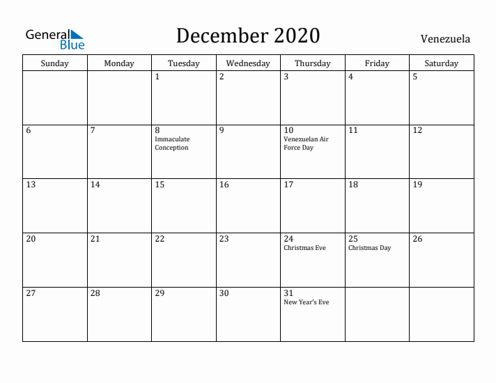 December 2020 Calendar Venezuela
