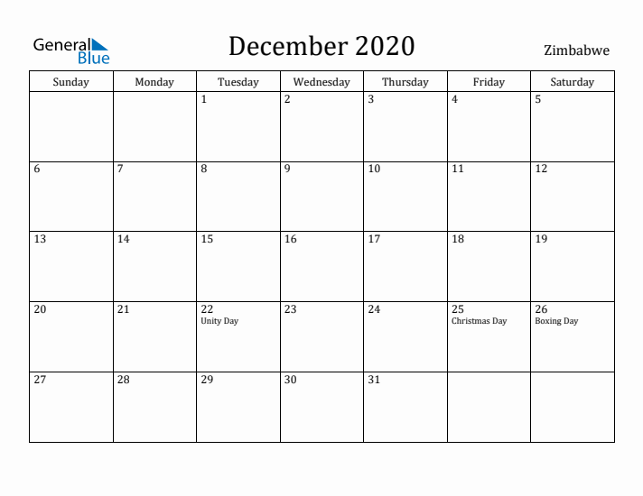 December 2020 Calendar Zimbabwe