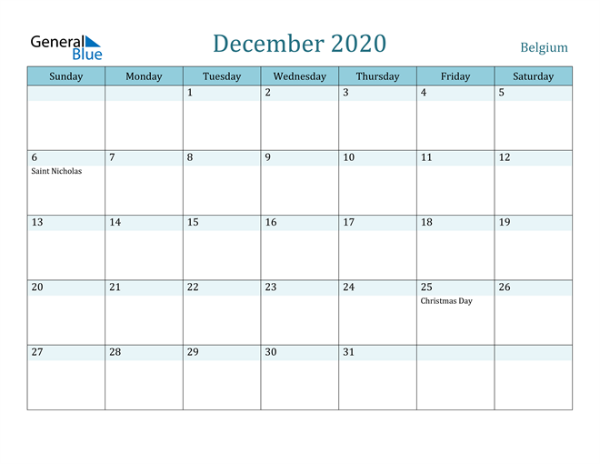 December 2020 Calendar with Holidays in PDF, Word, and Excel