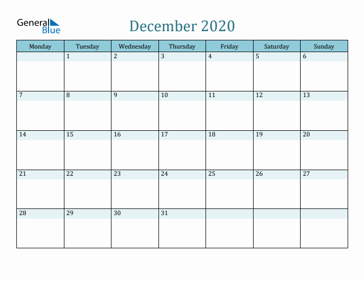December 2020 Printable Calendar