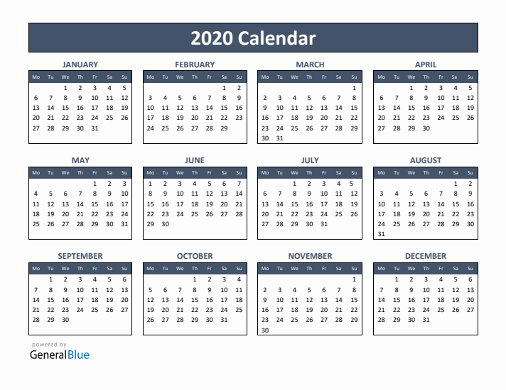 Basic Annual Calendar for Year 2020