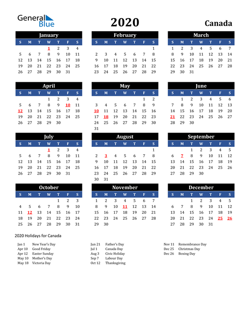 2020 Canada Free Calendar