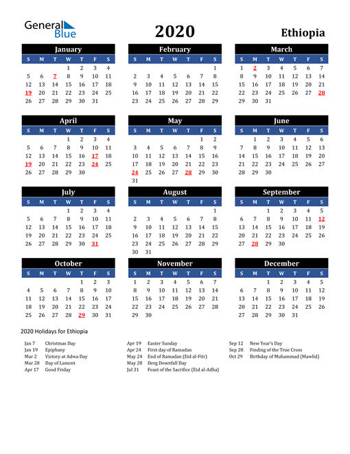 2020 Ethiopia Calendar with Holidays