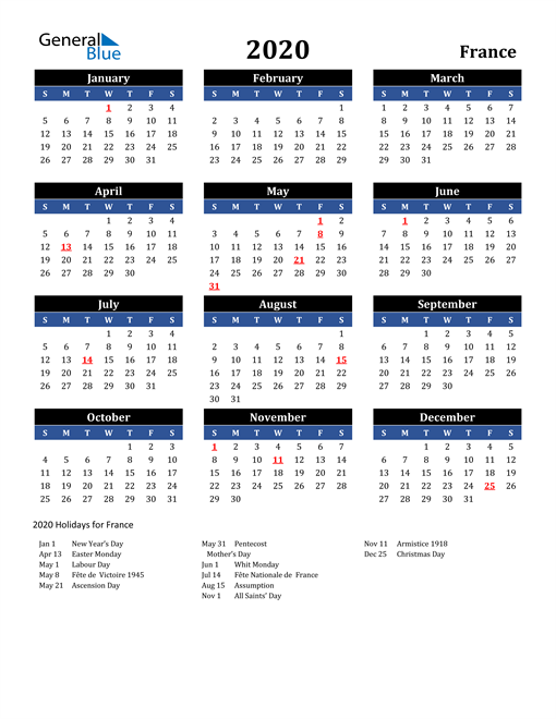 2020 France Free Calendar