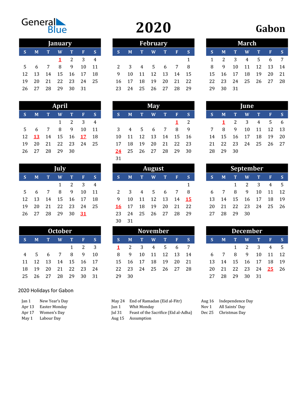2020 Gabon Free Calendar