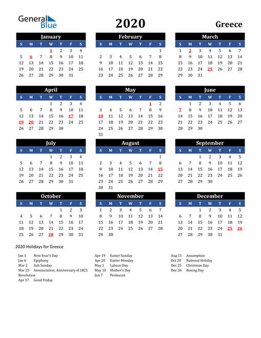 2020 Greece Calendar with Holidays