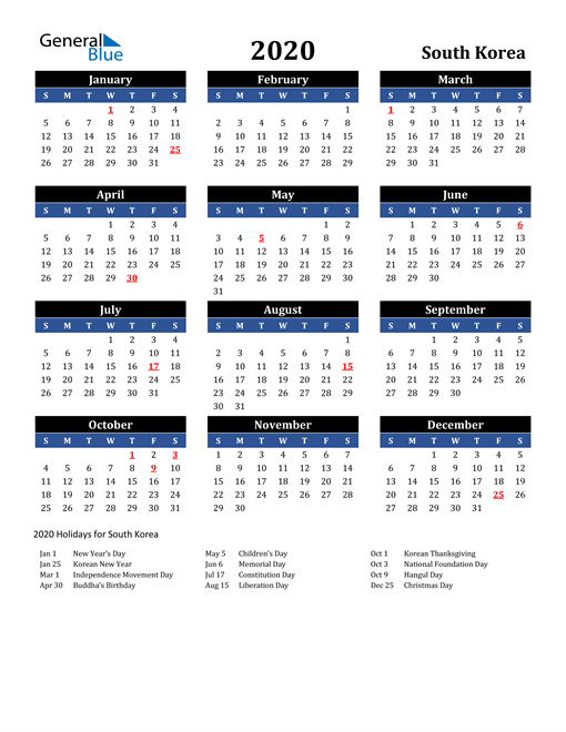 2020 South Korea Calendar with Holidays