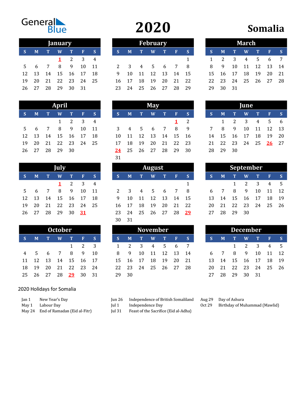 2020 Somalia Calendar with Holidays