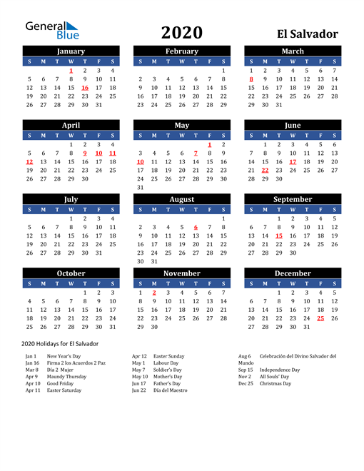 2020 El Salvador Calendar with Holidays