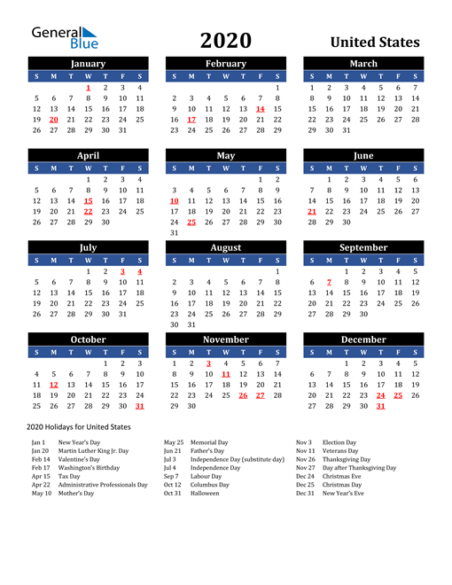 2020 United States Free Calendar