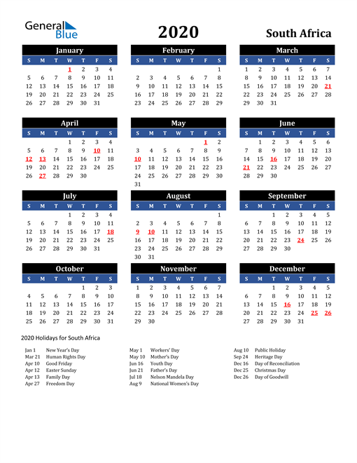 2020 South Africa Free Calendar