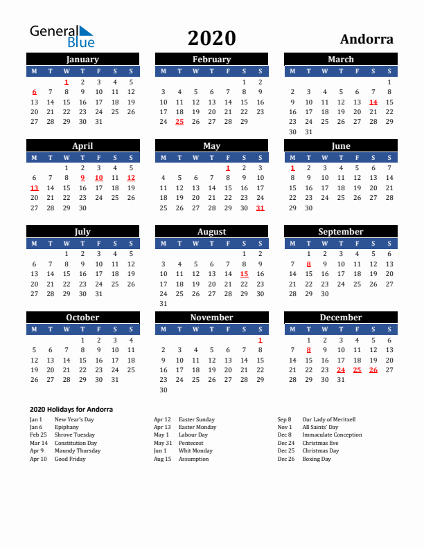 2020 Andorra Holiday Calendar