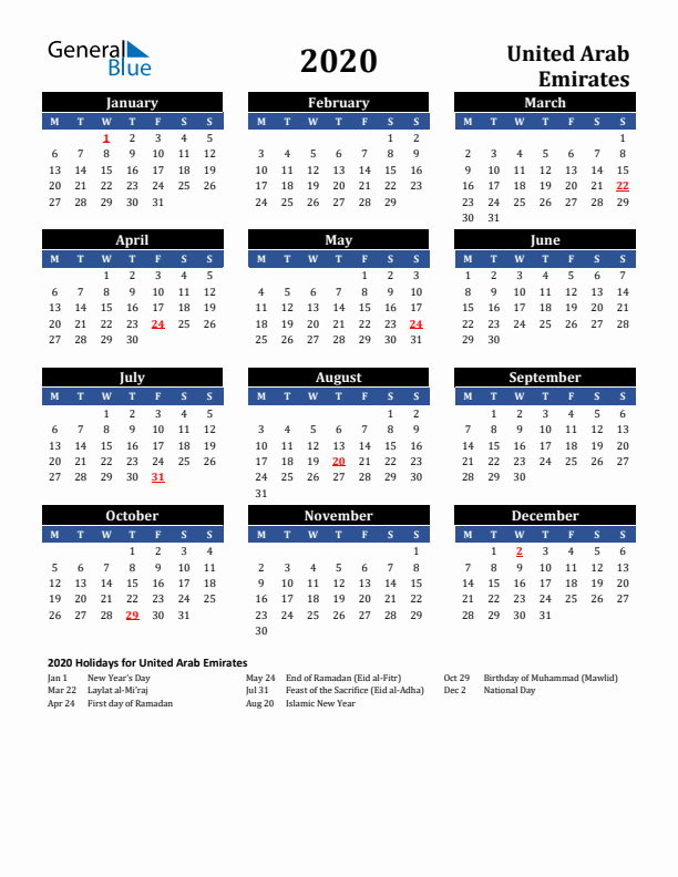 2020 United Arab Emirates Holiday Calendar