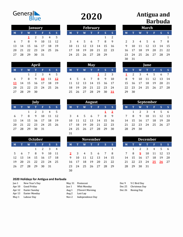 2020 Antigua and Barbuda Holiday Calendar