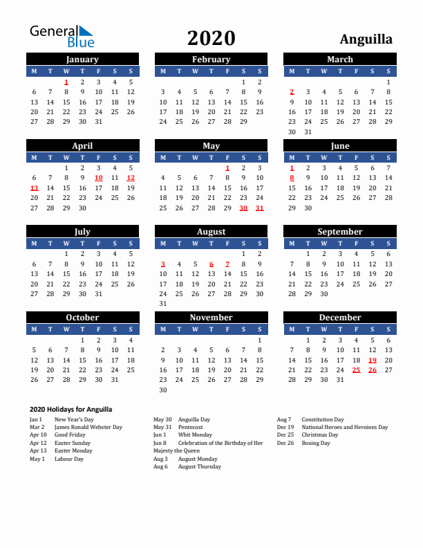 2020 Anguilla Holiday Calendar
